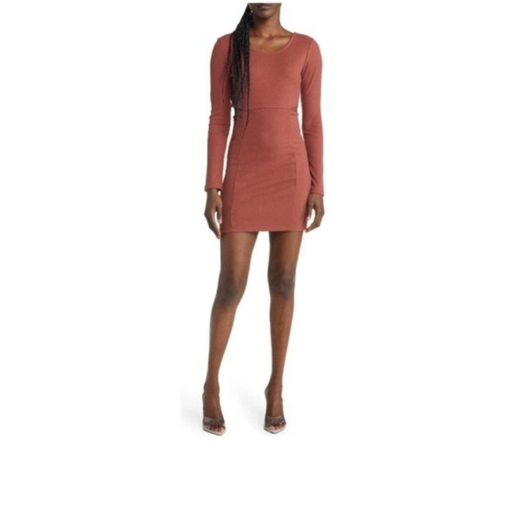 Open Edit Rust Ribbed Knit Cutout Mini Dress Long Sleeve Size M